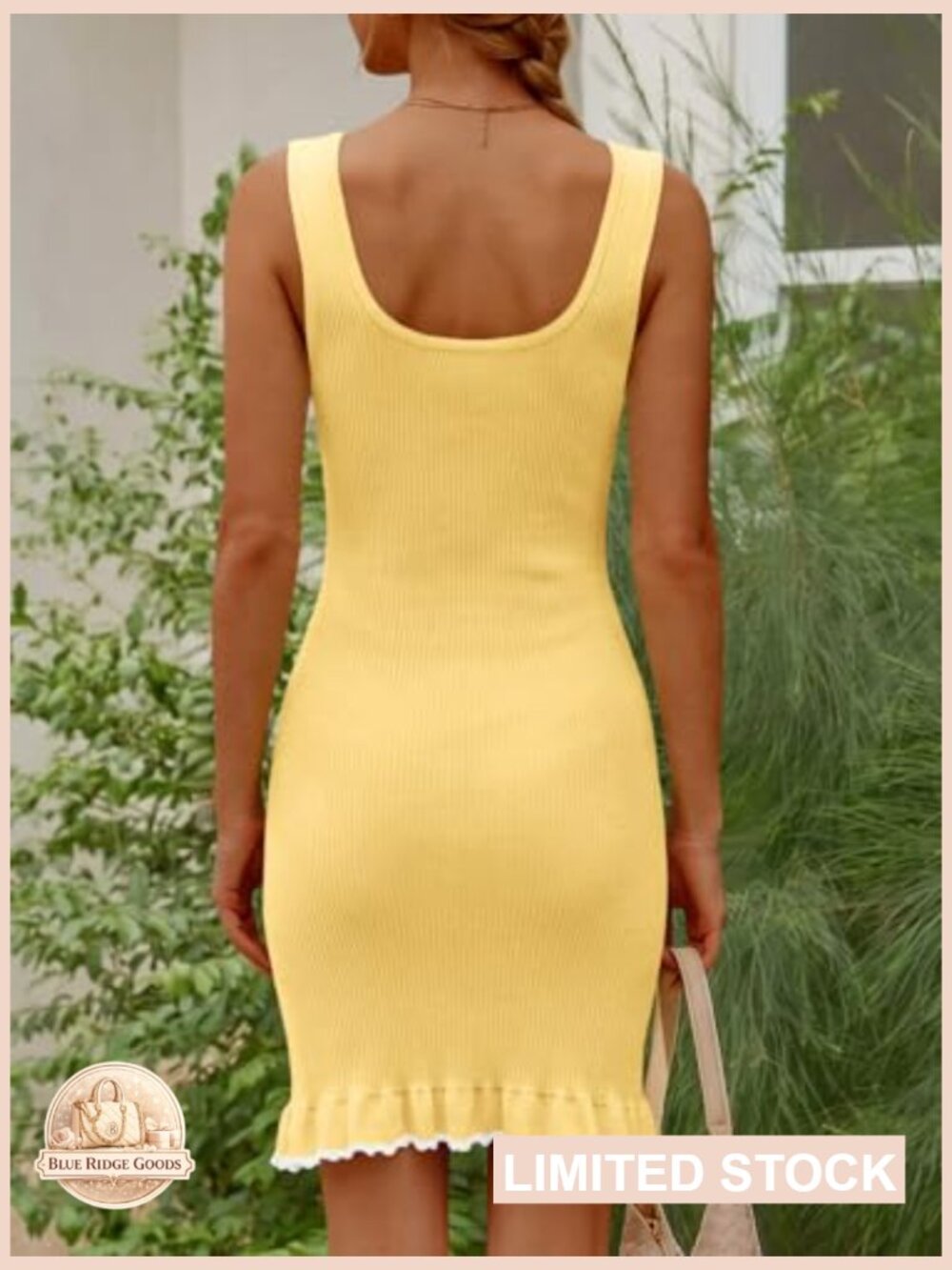 Square Neck Ruffle Mini Dress Sleeveless Ribbed Knit Slimming Bodycon Date Night - Picture 6 of 7